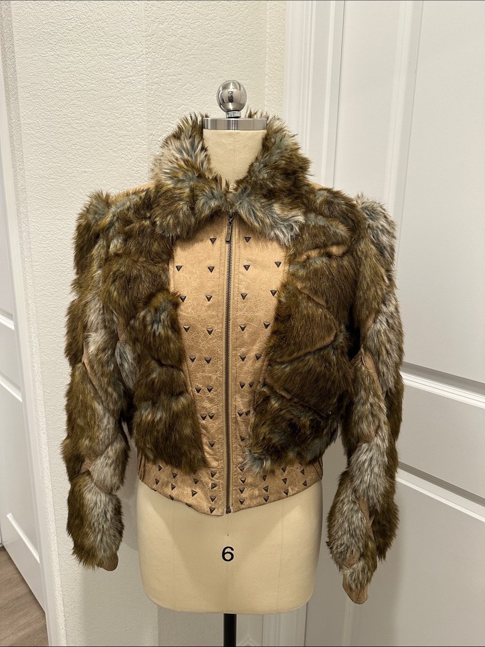 Faux Fur Brown Moto Jacket with Studded Suede Panels coat